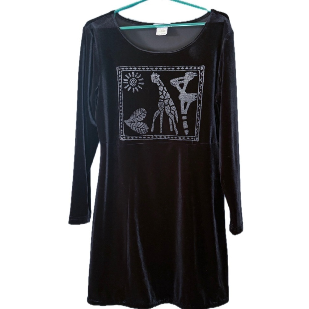 Vintage Black Velvet Giraffe Dress Fits Large XL Whimsigoth Safari Y2K Quirky